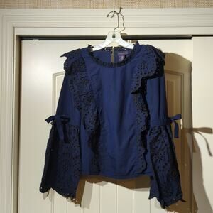 Amaryllis Navy/Black Striped Eyelet Ruffle Bell Sleeve Blouse Women's Sz S/M